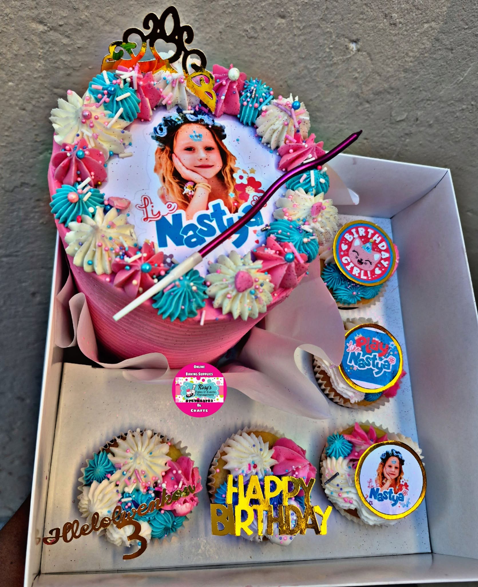 Pink & Teal Character Cake by Rosy's Cakes and Events